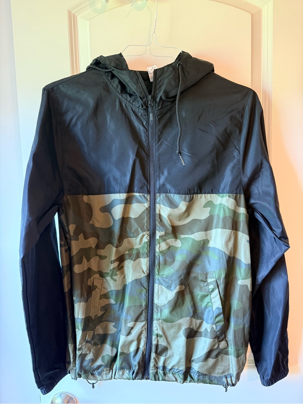 Men's Black & Camo Hooded Windbreaker Jacket